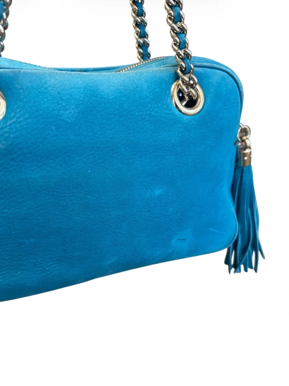 Gucci Soho Chain Strap Suede Leather Medium Bowler Bag Teal Blue Gold